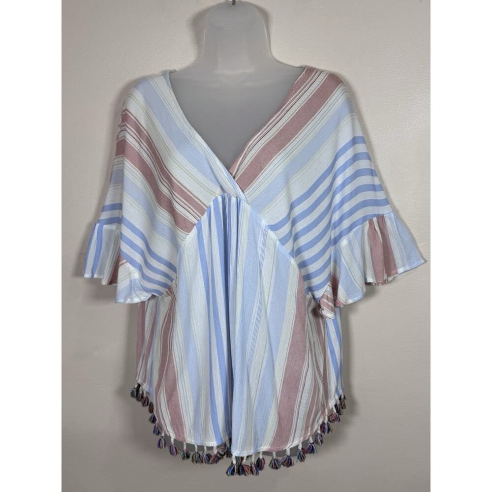 KORI Womens Top Striped Tassel Beach Coverup V-neck Oversized Coastal Boho S